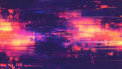 Aufkleber - A vibrant abstract digital artwork featuring dynamic patterns of purple, pink, and orange with a glitch-like effect.