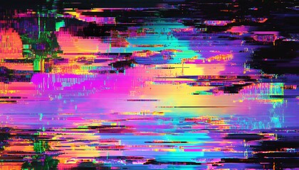 Poster - A vibrant, abstract digital artwork featuring glitch effects with a mix of colors like pink, blue, and green against a dark background.