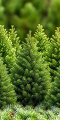 Lush green pine trees in a natural setting, showcasing vibrant foliage and depth.