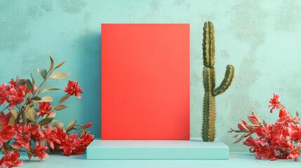 Poster - Modern Botanical Mockup with Vibrant Cactus and Red Florals on Pastel Blue Backdrop