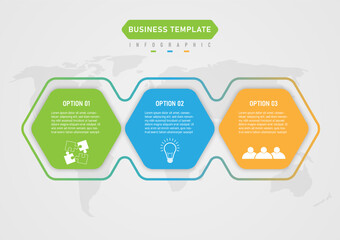 Wall Mural - Infographic template with 3 options multi colored hexagons There is text and icons at the bottom, around the outside there is a gradient map outline at the bottom. gray gradient background
