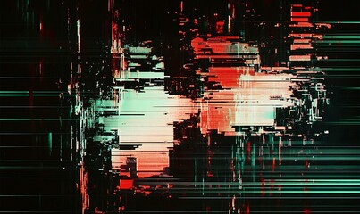 Fototapete - An abstract digital art piece featuring vibrant red and green colors with glitch effects, creating a dynamic and visually intriguing composition.