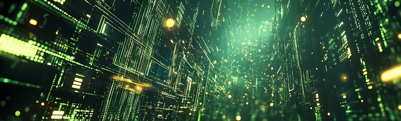 Leinwandbilder - A mesmerizing digital landscape filled with glowing green data points and a sense of infinite depth, evoking a futuristic cybernetic environment.