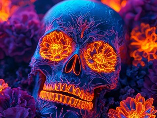 A vibrant skull surrounded by glowing flowers, representing life, death, and the beauty of the afterlife in vivid colors.