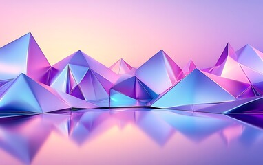 Leinwandbilder - A colorful landscape of reflective pyramids, bathed in soft purple and pink hues, creating a tranquil and surreal ambiance.