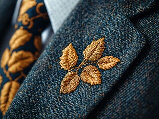 Poster - Close-up of elegant embroidery featuring golden leaves on a textured fabric, highlighting exquisite tailoring and design.