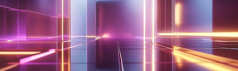 Fototapete - A vibrant, abstract space with glowing lines and a reflective surface, creating a futuristic atmosphere.