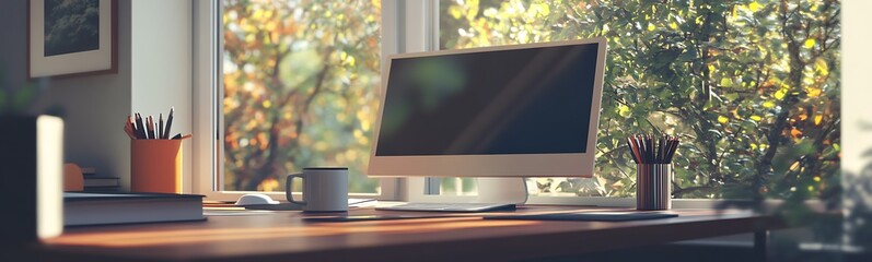 Poster - A cozy workspace featuring a computer, coffee cup, and decorative plants, illuminated by natural light from a nearby window.