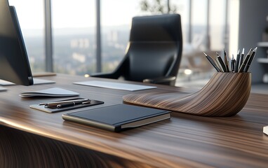 Aufkleber - A modern office desk setup featuring a computer, notebook, calculator, and pencil holder with a view of the city skyline in the background.