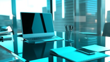 Poster - A modern office workspace featuring a laptop, notepad, smartphone, and pens, with a cityscape view through large windows.