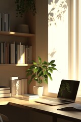 Poster - A serene workspace featuring a laptop, books, and a potted plant, illuminated by natural light streaming through a window.