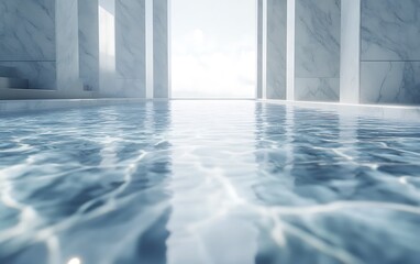 Fototapete - A serene interior space featuring reflective water, marble columns, and bright light streaming through, creating a tranquil atmosphere.