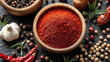 © Your Hand Please - red paprika powder, showcasing its rich texture and deep color. The finely ground spice symbolizes warmth, passion, and flavor, representing culinary traditions and cultural significance