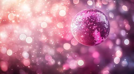 Poster - A close-up of a sparkling disco ball hanging against a vibrant, softly blurred pink and purple bokeh background, perfect for festive themes.