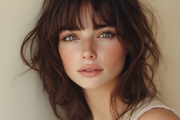 Wall Mural - Close-up portrait of a young woman with green eyes, freckles, and tousled brown hair.