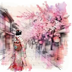 Wall Mural - Geisha's Spring Walk: Traditional Japanese Street Scene with Cherry Blossoms with Generative AI.