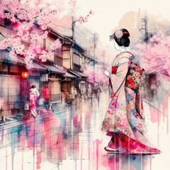 Wall Mural - Geisha's Spring Walk: Traditional Japanese Street Scene with Cherry Blossoms with Generative AI.