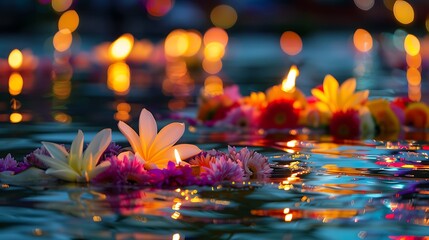 Wall Mural - A typical krathong softly lying in the water at midnight decorated with rich flowers