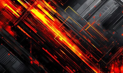 Fototapete - A vibrant abstract design featuring striking red and orange lines against a black background, creating a sense of energy and movement.