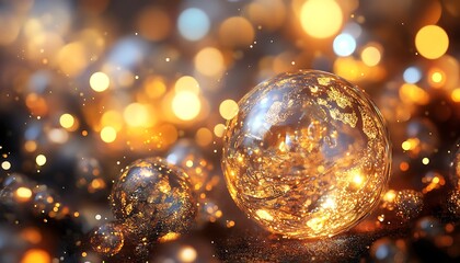 Leinwandbilder - A mesmerizing composition of shimmering golden and silver spheres set against a blurred, sparkling background.