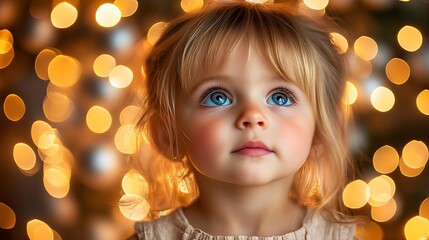 Generative AI Image of Cute Little Girl with Bokeh Lamp Lights at Night