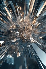 Poster - A dynamic explosion of crystal-like structures radiating outward, showcasing intricate patterns and reflective surfaces.