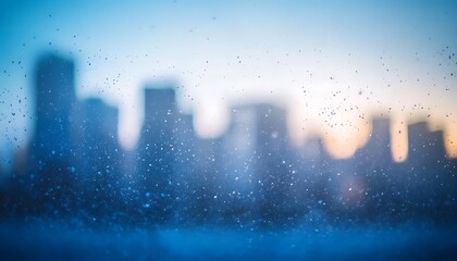 Aufkleber - A blurred city skyline is seen through a rain-splattered window, creating a serene, moody atmosphere with soft blue tones.