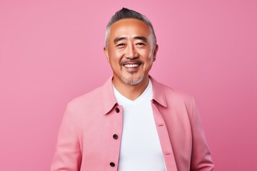 Wall Mural - Portrait of a happy mature man smiling and looking at camera against pink background