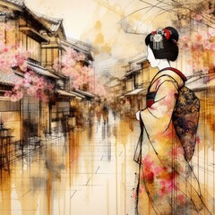 Wall Mural - Geisha's Spring Walk: Traditional Japanese Street Scene with Cherry Blossoms with Generative AI.