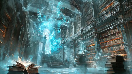Poster - A mystical journey through an enchanted library with abandoned bookshelves and ethereal light filling the air