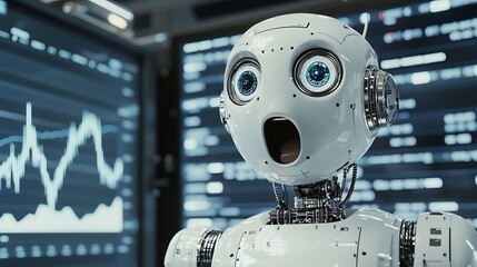 Fototapete - A surprised robot analyzes stock market trends the intersection of technology and financial markets in modern economy