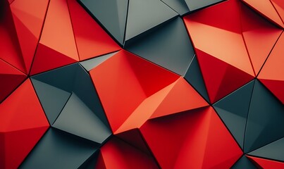Poster - A vibrant, geometric surface showcasing a mix of red and gray triangular shapes in a three-dimensional arrangement.