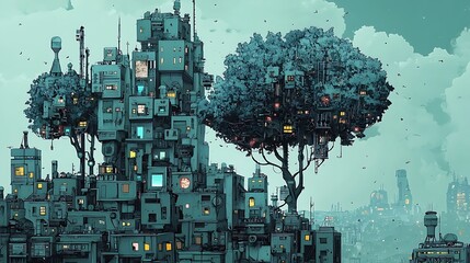 Aufkleber - A futuristic cityscape exploring the harmony of urban life where machines flourish like trees in a green oasis