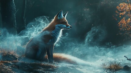 Poster - Mystical fox amidst enigmatic mist the enchantment of nature's transformative wonders at dusk