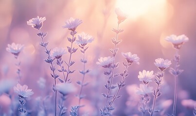 Aufkleber - A soft, dreamy scene of delicate flowers illuminated by warm golden light, conveying tranquility and natural beauty.