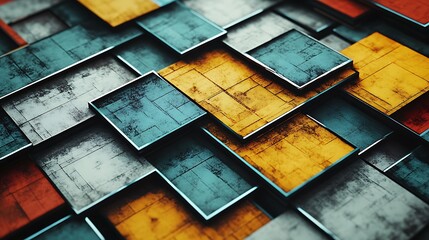Leinwandbilder - A close-up view of layered, textured square tiles with vibrant colors including blue, yellow, and orange, creating an intriguing geometric pattern.