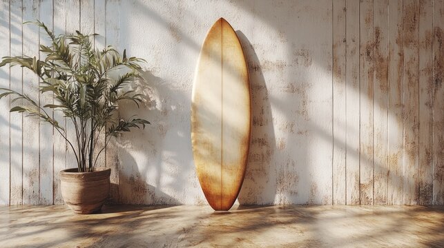 3D mockup of a plain surfboard leaning against a wooden wall.