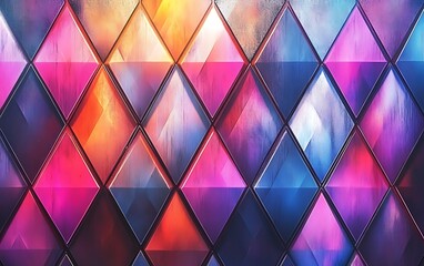 Fototapete - A vibrant, geometric pattern featuring colorful diamond shapes, blending hues of pink, blue, and orange for a striking visual effect.