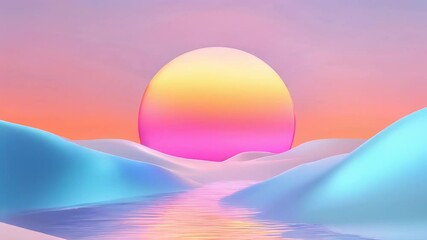 Poster - A surreal scene of a glowing pastel sunset over a smooth, abstract landscape of soft blue and pink hues, evoking calmness and tranquility.