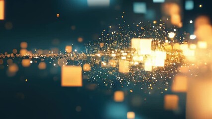 Poster - Abstract glowing golden squares float in a digital space, creating a futuristic and technological atmosphere with a touch of elegance.