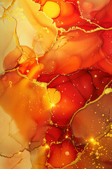  Luxury abstract fluid art painting with alcohol ink in red, yellow and gold