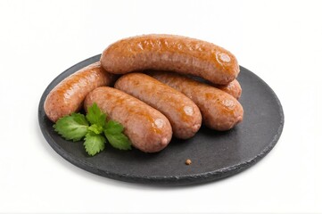 Grilled sausages on black slate plate with fresh herb garnish