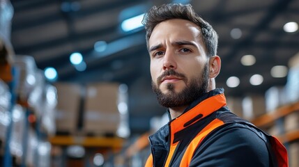 Poster - focused warehouse worker in reflective safety gear demonstrating professionalism and commitment to s