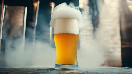 Wall Mural - A chilled beer glass topped with frothy foam stands out against a smoky backdrop, creating an inviting ambiance for patrons