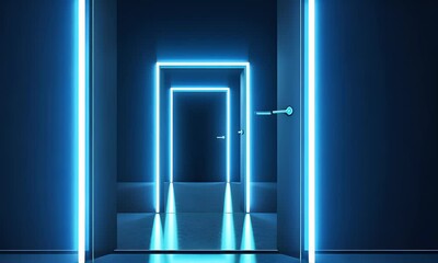 Poster - abstract blue background with doors and lights, dark room with neon light in the style of 3d renderi