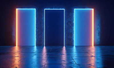 Poster - abstract blue background with doors and lights, dark room with neon light in the style of 3d renderi