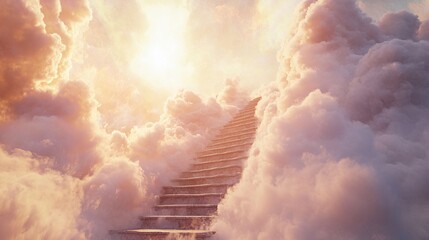 A serene staircase leading up through soft clouds towards a bright, heavenly light, symbolizing hope and aspiration in a tranquil atmosphere.