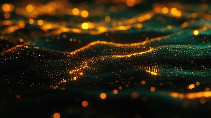 Poster - Glowing Particles in a Dark Wavy Background