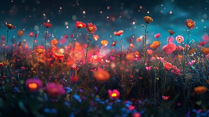 Wall Mural - A wild flowers field illuminated by stunning nighttime lighting cycling in winter