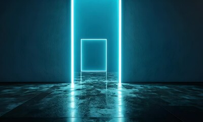 Poster - abstract blue background with doors and lights, dark room with neon light in the style of 3d renderi